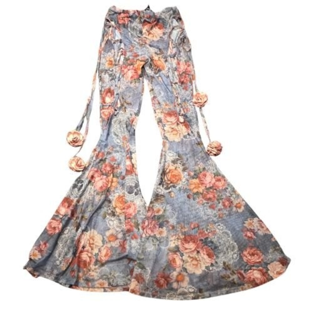 Dolls Kill Current Mood Balcony Serenade Flare Pants Floral Mesh Sheer Lace Up